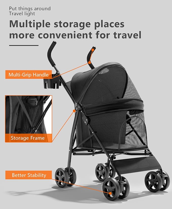 OS MOTOR Pet Stroller with 4 Wheels for Small/Medium Pets, Portable Travel Foldable Carrier Jogger for Dog Cat Puppy Kitty, Rear Wheel Breaks, Storage Basket, Visible Mesh with Weather Cover (Black)