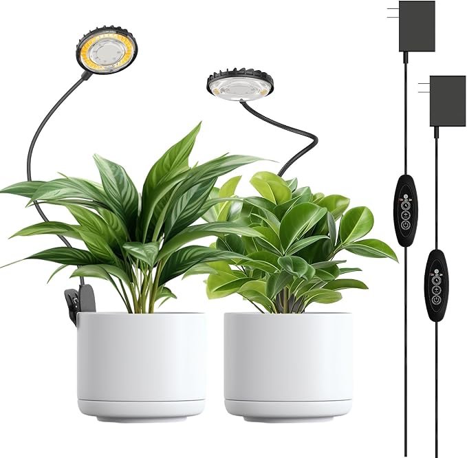 2 Pack Clip-On Grow Lights for Indoor Plants, 12W Each, Black | 4000K Full Spectrum, Flexible Gooseneck, 3/6/12H Timer, 4 Dimmable Levels
