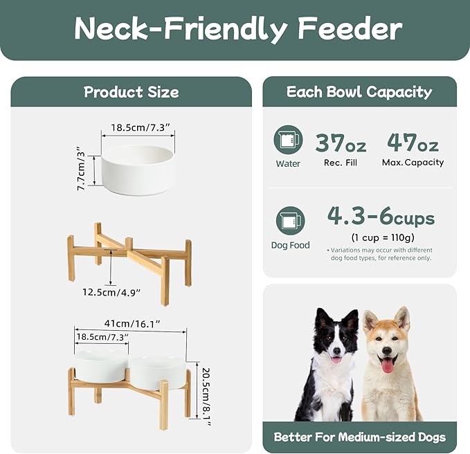 Havniva Ceramic Raised Double Bowls Set with Stand, Food & Water Bowls for Medium Breed Dogs, Weighted Dog Dishes, Pet Bowl(7.3'',41OZ, White)