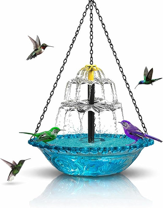 Solar Powered Hanging Bird Bath, Vibrant Blue Multi-Tier Waterfall Fountain for Outside, Easy to Hang Bird Oasis for Garden Decoration, Balcony, for Bird Lovers (Blue)