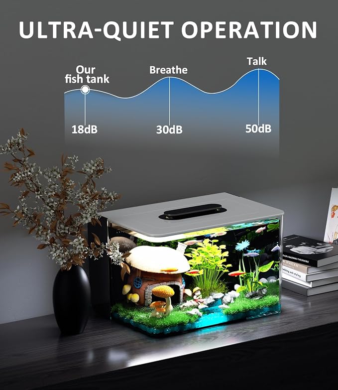 Betta Fish Tank Kit 2.5 Gallon with Heater Hidden Filtration Light Acrylic | Dry-wet Separation Filtration, Self-cleaning, Ultra-quiet, 3 Color Light, 10 Brightness, Adjustable Water Flow, Round Corner