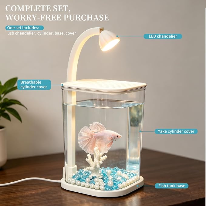 Desktop Small Fish Tank with LED Light for Betta Guppy Goldfish | Clear Acrylic Aquarium Kit with Artificial Coral, Pearls & Diamond Decor, Starter Kit Small Space Easy Setup Space-Saving