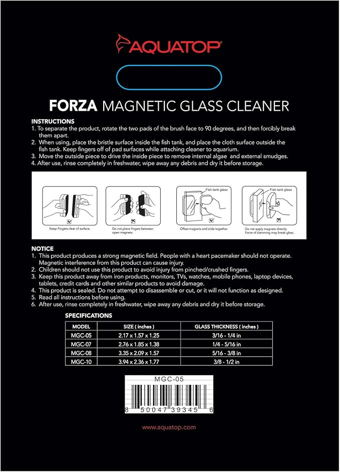 Aquatop Floating Magnetic Glass Cleaner for Fish Tanks – Non-Scratch Scrubbing Pads, Strong Magnet Grip, Easy Cleaning for Aquariums Up to 1/4″ Glass Thickness, MGC-05