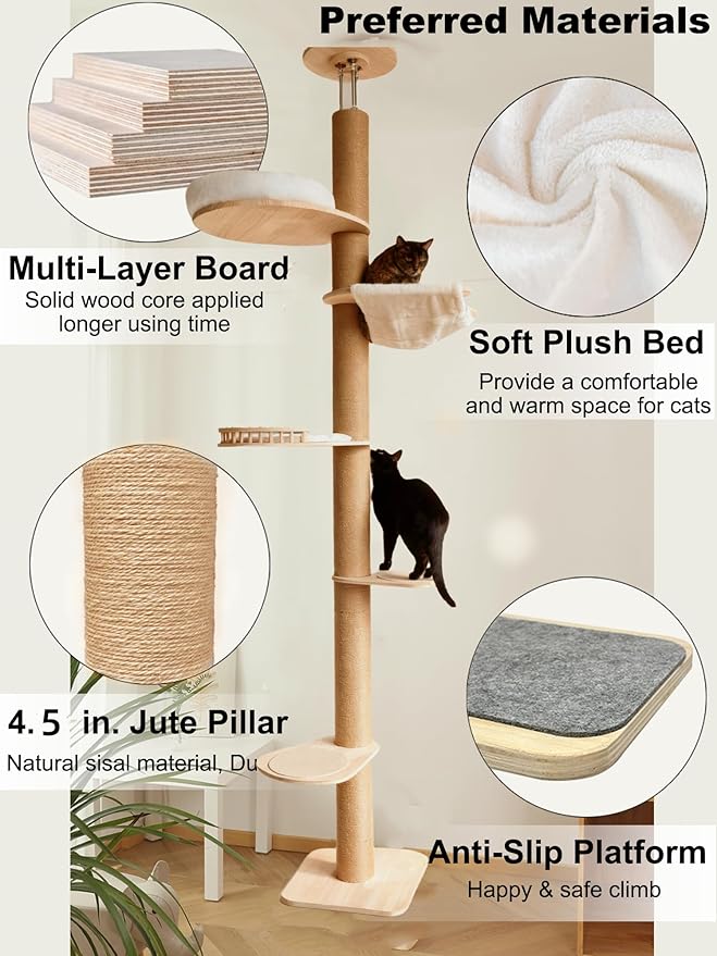 Floor to Ceiling Cat Tree,Adjustable Height 90-108 inch, 6 Level Tall Climb Tower, Cat Pole with Natural Sisal Rope Scratching Post/Plush Cat Bed/Cozy Hammock Multi-Style (Hammock Styles)