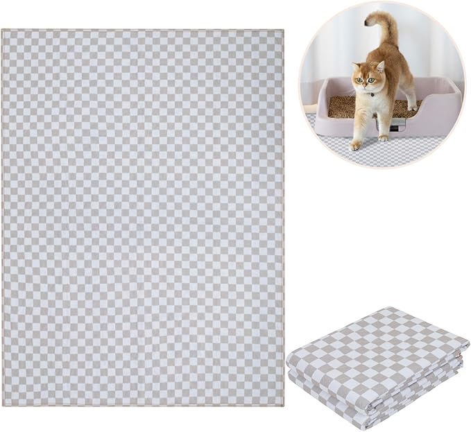 Lovewag Pets Cat Litter Box Mats 2 Pack - Large 36x48 Inch Machine Washable, Easy Clean,Non-Slip,Waterproof Mats for Indoor Cats-Kitty Litter Mess Control & Pet Urine Floor Protection (Taupe Checkers)