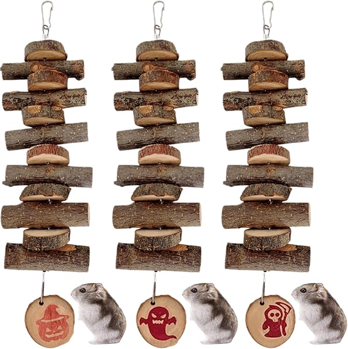 3pcs Small Animal Chews Toy,Natural Apple Wood,Block Cage Hanging Molars Treats Snack for Hamsters Rabbits Bird Chinchilla Squirrels for Halloween Holiday (Wooden Long Model)