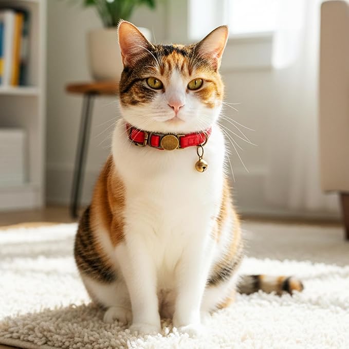 salbsever Red Cat Collar, Breakaway Leather Cat Collar Adjustable Red Kitten Collars with Bell Quick Release Buckle for Most Cats and Kittens