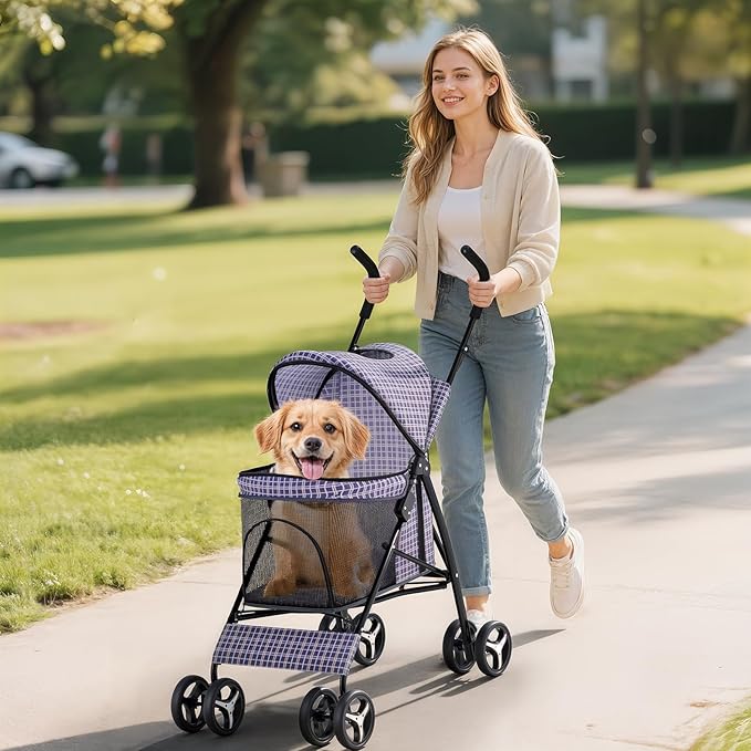 Dog Stroller for Small Dogs 10 lbs -22lbs Puppy Stroller Medium Dog Wagon Small Pet Stroller for Cats, Cat Strollers for 2 Cats, Rear Storage, Plaid