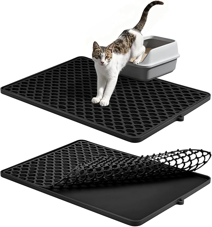 Double-Layer Silicone Cat Litter Mat – Non-Slip, Waterproof & Easy-to-Clean | Also Great as a Dish Drying or Pet Feeding Mat (18x12.5,Black）