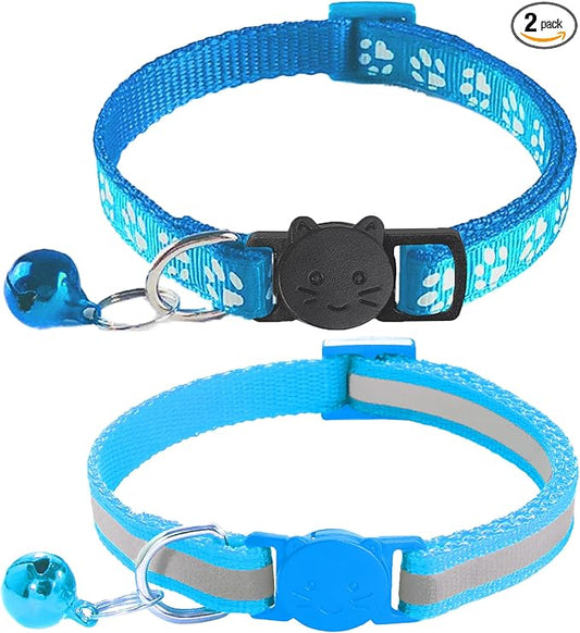 2 Pack Breakaway Cat Collars with Bells, Reflective Design and Claw Print Design, Safety Buckle Kitten Collars Adjustable from 7.5 to 12.5 Inches (Sky Blue)