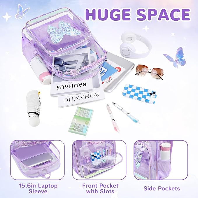 MUSEVOS Clear Backpack, Clear Bookbag for School PVC Heavy Duty Transparent Backpack for Girls, Purple Butterfly