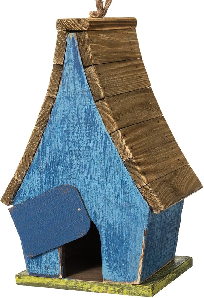 Glitzhome Birdhouses for Outdoors,9.5"H Hanging Bird House Decorative Pet Cottage Wooden Birdhouse Hummingbird Houses for Outside,Bluebird House with Natural Wood Slatted Roof and 3D Tree,Washed Blue