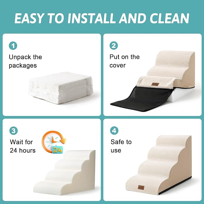 COZY KISS Dog Stairs for Small Dogs 15.7" H, Curved Dog Step for Puppy, Older Cat, Medium Pet Ramp for Sofa, Couch or Chair, Ladder with High Density Foam, 3 Step, 15.7x22.4x15.7 inch, Beige
