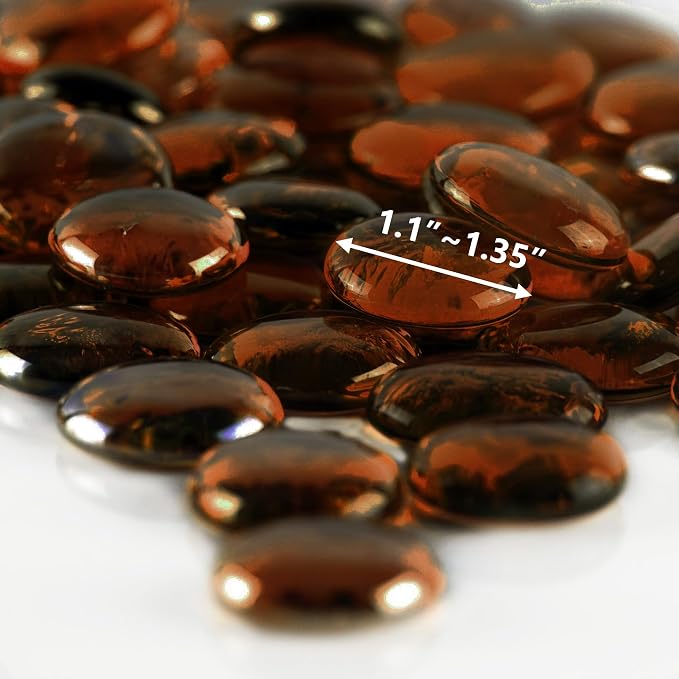 CYS EXCEL X-Large 1.1"-1.35" Dark Amber Glass Flat Gemstone Vase Fillers (1 LB) Marble Beads Aquarium Rocks Floral Supplies Stones Decorative Mosaic Gem Pebbles (Approx. 28-35 PCS)