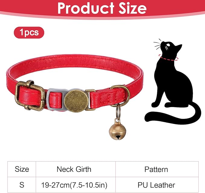 salbsever Red Cat Collar, Breakaway Leather Cat Collar Adjustable Red Kitten Collars with Bell Quick Release Buckle for Most Cats and Kittens