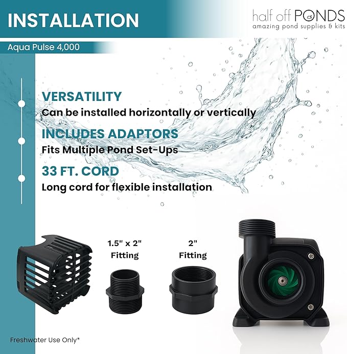 HALF OFF PONDS Submersible Water Pump, 4,000 GPH Pond Pump with 33FT Power Cord and 21FT Max Head, 276W Ultra Quiet Energy Efficient Pump for Koi Pond, Fountain, Waterfall, Water Garden, Skimmer