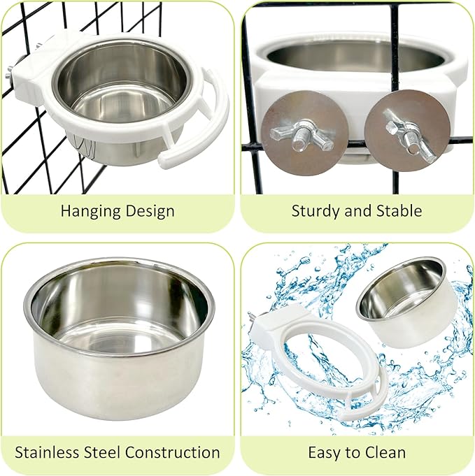 Stainless Steel Bird Bowls for Cage 2 Pcs Parrot Feeding Dish Metal Food and Water Cups Detachable Birds Cage Feeder Hanging Finch Food Plates with Perch for Parakeet Budgie Lovebird (White)