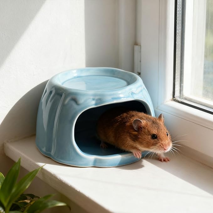 Hamster House Ceramic Hideout Small Animal Food Bowl Pudding Shaped Decorative Habitat Suitable for Hamster Cage Pet Gift Home Decoration, Blue