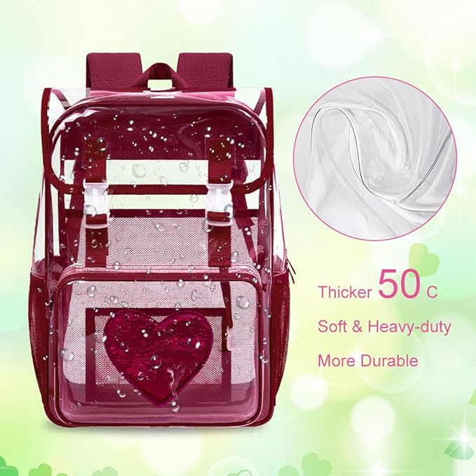 17" Sequin Clear Backpack for Girls - 3Pcs School Flip Design Stadium Approved Set, Gym/Concert Transparent Bookbag (Red)