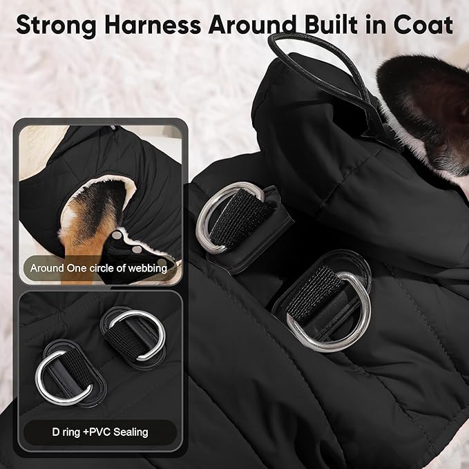 Vecomfy Fleece Lining Dog Hoodie with Harness Built in,Extra Warm Medium Dog Jacket in Winter Doggie Coats with Drawstring Hooded,Black L