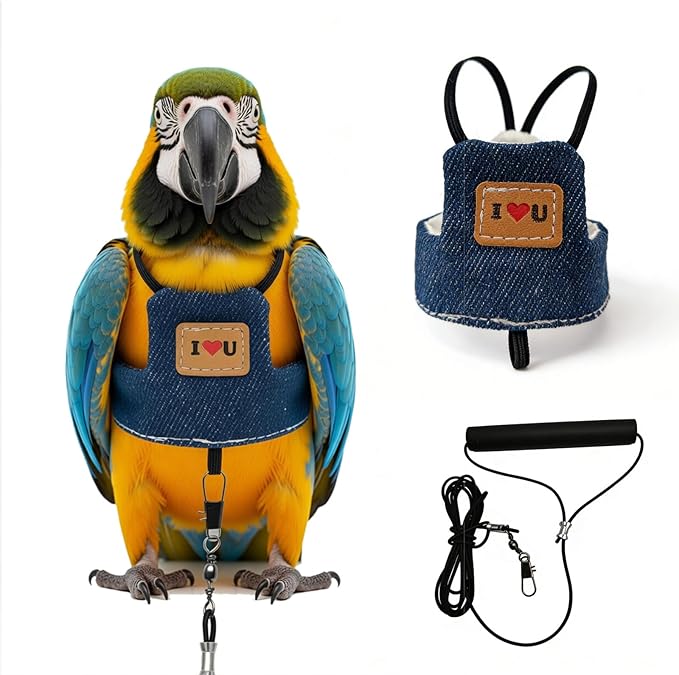 Bird Flight Harness Vest, Adjustable Training Design Anti-Bite, Suit with Leash for Parakeets Cockatiels Conures Budgies, Bird Flying Clothes with Rope and Handle (Cowboy L)