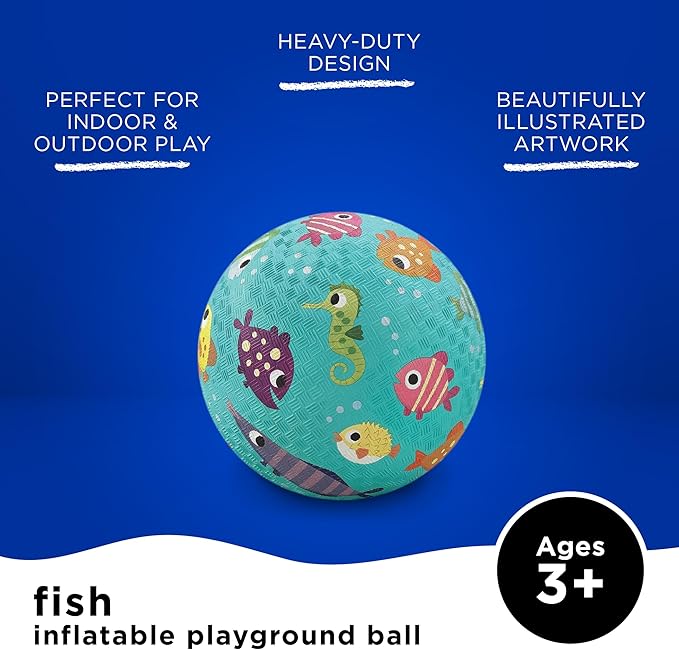 Crocodile Creek Playground Ball - Durable Rubber Ball for Kids Ages 3 and Up - Bouncy Inflatable Ball for Kickball, Indoor Games, and Outdoor Sports - PVC-Free - Fish - 5-inch Diameter