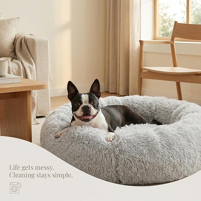 Calming Dog Bed for Medium Dogs Washable Donut 28 inches Anti-Slip Pet Bed,Round Fluffy Plush Faux Fur Cat Bed,Fits up to 40 lbs Pets,Frost Grey