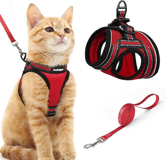 rabbitgoo Cat Harness and Leash Set for Walking Escape Proof, Adjustable Soft Kittens Vest with Reflective Strip for Cats, Comfortable Outdoor Vest, Red, M
