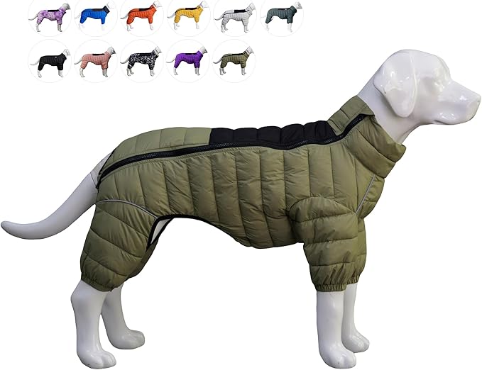 Olive Green Dog Jacket, 4-Leg Covered Waterproof Windproof Reflective Warm Vest, Zippered Adjustable Outdoor Snow Jacket for Small to Large Dogs