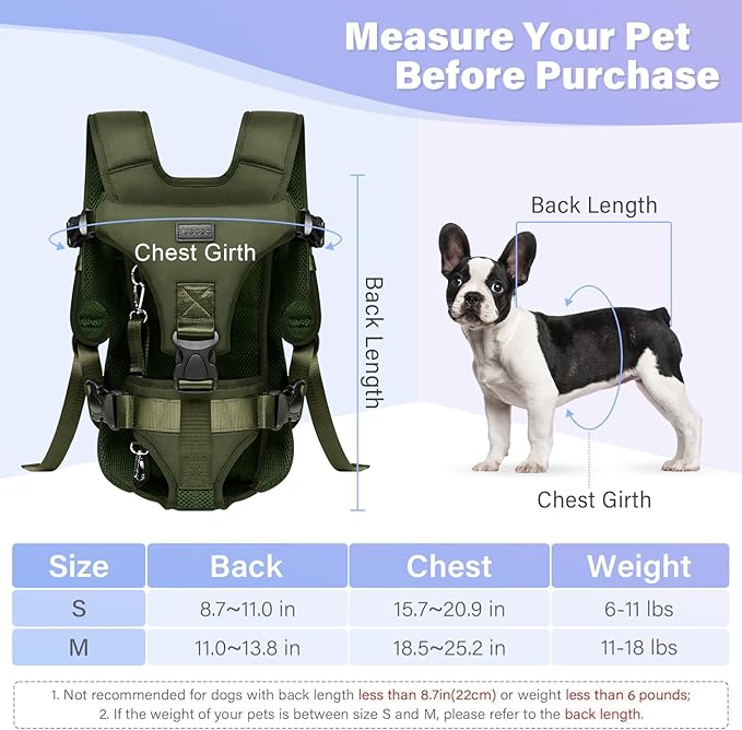 YUDODO Front Pet Carrier Backpack for Small Dogs and Cats, Secure and Breathable Mesh, Ergonomic Support, Adjustable for Walking, Hiking, or Travel (Army Green-Pro S)