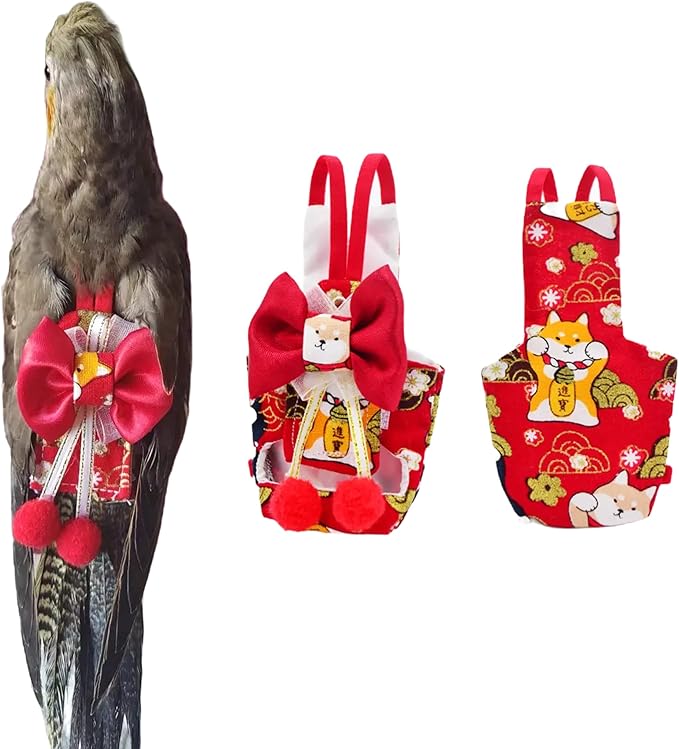 Bird Flight Suits Diapers, Parrot Flight Suits Diapers for Monk Parakeets, Cockatiels Flight Suits, Parrot Clothes, Bird Training Nappy Suit Liners Clothes (XS, Red-D)