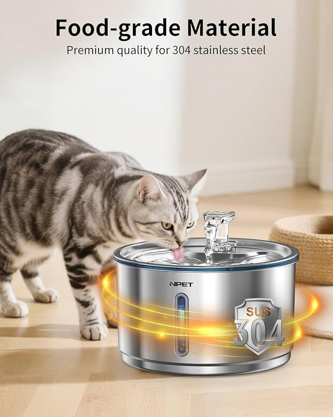 NPET Stainless Steel Cat Water Fountain, 1 Gallon/135oz Automatic Pet Drinking Fountain Dog Water Dispenser Bowl with Water Level Window for Cats Indoor - WF210Plus