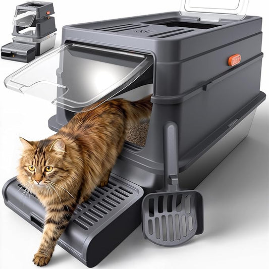 Powools Cat Litter Box - Stainless Steel Litter Box with Lid for Kitty, Metal Base Enclosed Cat Box with Litter Scoop, Elevated Step Box, Activated-Carbon Pack, 23.6" x 15.7" x 15", Grey
