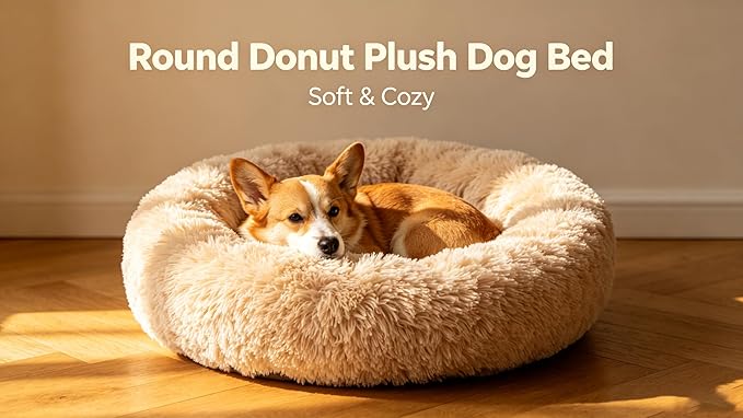 Calming Large Donut Dog Bed, Round Soft Fluffy Plush Faux Fur Anti-Anxiety Washable Anti-Slip Pet Bed for Medium Size Dog and Cat 28in (Camel)
