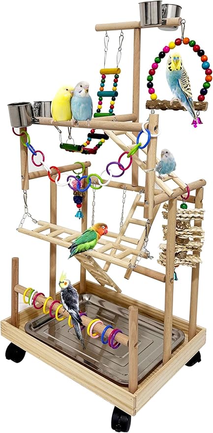 5 Layers Large Bird Playstand with Wheel, Natural Wood Parrot Playground, Parakeet Perch Stand Small Bird Playgym with Ladder Toy Accessories for Cockatiel Cockatoo Finch Budgie Lovebird