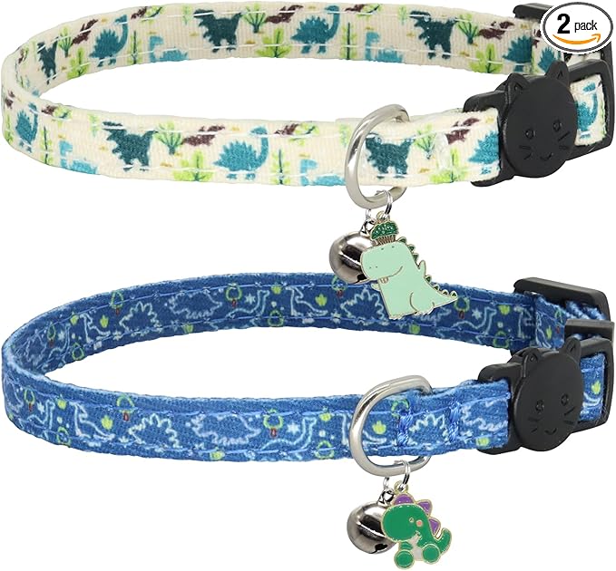 Cat Collar Breakaway, 2 Pack Cotton Kitten Collars with Bells and Removable Charms, Cute Dinosaurs Shaped for Indoor Boy, Girl and Adult Cats