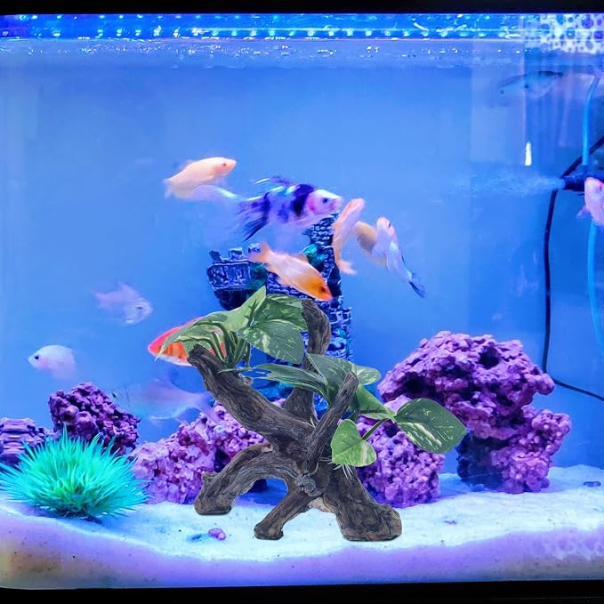 Driftwood Cave Aquarium Decor, Artificial Fish Tank Driftwood Decoration Fake Plant Tree Decorations Realistic Cave Cloth Leaf Plants for Fish Tanks Aquatic Landscapes Ornaments 6. 68x4. 32x3. 93in
