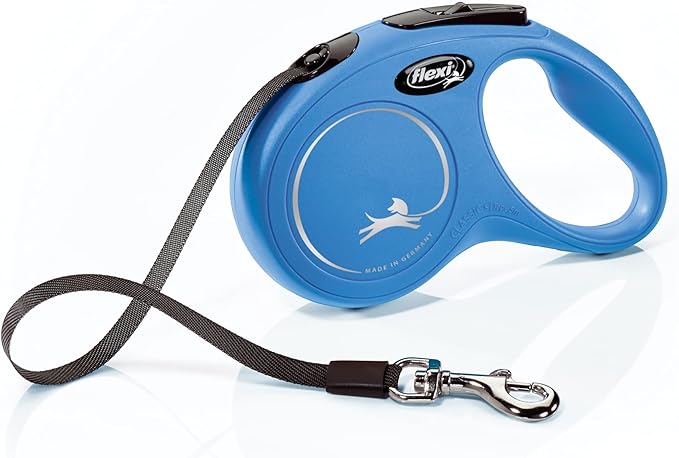 FLEXI New Classic Tape Retractable Dog Leash for Small Dogs Upto 33 lbs. – 16 ft., Blue | Tangle Free Pet Walking Leash with One-Handed Brake, Pause, Lock|German Quality Product