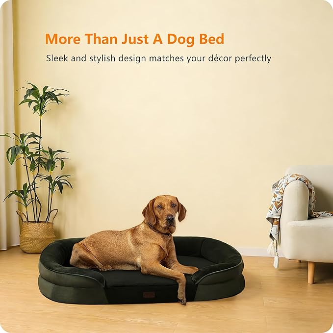 Dwanton Orthopedic Dog Bed for Extra Large Dogs with Gel Memory Foam, Waterproof Dog Sofa, Washable Pet Bed with Four Sided Bolster Cushion, Removable Cover & Non-Slip Bottom, 45", Green