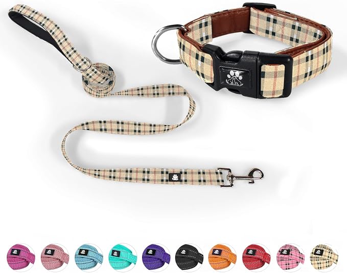 NESTROAD Dog Collar and Leash Set,Soft Neoprene Pet Collar with Quick Release Buckle,Adjustable Nylon Dog Collars for Small Medium Large Dogs(Small,Cherecked Beige)