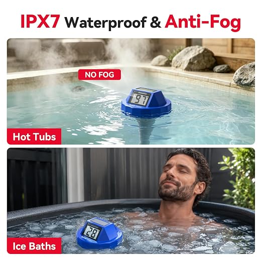 Pool Thermometer Digital Floating, Swimming Pool Water Temperature Sensor, 2026 New Upgrade | Solar Powered | Easy Read | High Precision | Anti-Fog, for Hot Tub, Spa & Ice Bath