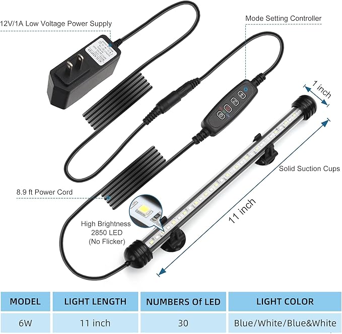 LED Submersible Aquarium Light 6W Underwater Fish Tank Light with Blue White&Blue and White Three Light Modes Timer Automatic On/Off and Dimmer Brightness Adjustable (11inch)