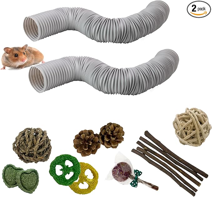 2 PCS Hamster Fun Plastic Tunnels,Hamster Collapsible Plastic Tube, Cage Tunnels with Chew Toy,Training Hideout for Guinea Pigs Guinea Pigs, Chinchillas, Rats, Gerbils (Grey)