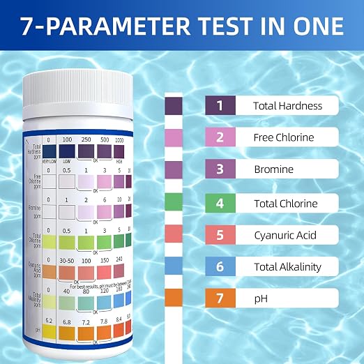 7 in 1 Accurate Pool Test Strips, 150-Count Hot Tub & Spa Test Strip | Water Chemical Testing Kit for Bromine, Chlorine, pH, Hardness, More, Fast & Easy Test Way, Pool Water Testing Kit
