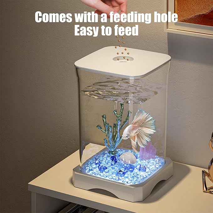 Aquarium Starter Kit Small Glass Betta Fish Tank Desktop Mini Fish Bowl for Shrimp Goldfish with Filter Pump LED (White)
