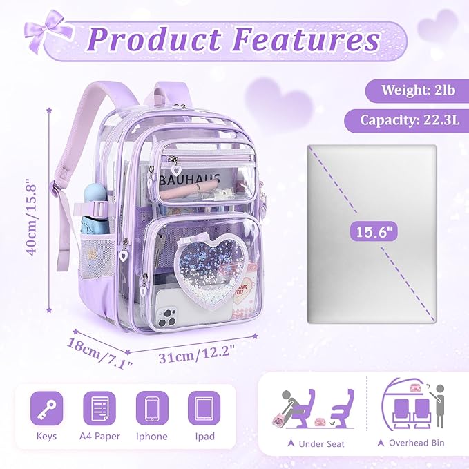 Clear Backpack for School Girls, Cute Heavy Duty PVC Transparent Bookbag, See-Through Bag for Stadium Event Purple