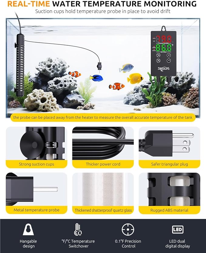 SEAOURA 500W Aquarium Heater for 70-80 Gallon Fish Turtle Tank Thermostat | Adjustable Max & Min Temp Protection, 14 IN Intelligent Submersible Heater Auto Shut-Off Digital Display Salt/Freshwater