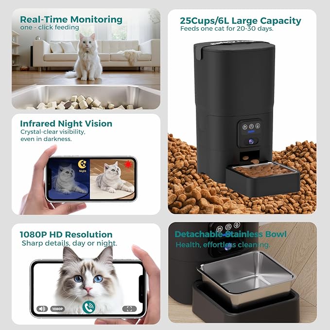 PAPIFEED Automatic Cat Feeder with Camera, 1080P HD & Night Vision, 6L Cat Food Dispenser with App, 5G WiFi Timed Cat Feeder for Dry Food, 2-Way Audio, Smart Pet Feeder for Dog, 1-10 Meals/Day