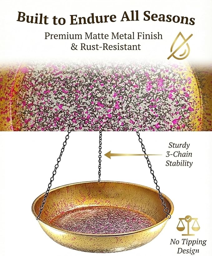 Hanging Bird Bath for Outside Metal Birdbath 11 Inch for Birds to Seed Bathe Drink Decor Bird Bath Gold to Iridescent Pink Gradient Decor for Garden Back Yard Patio Attracts Hummingbirds & Finches