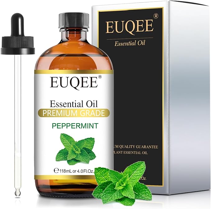 EUQEE Peppermint Essential Oil 118 ml Pure Peppermint Oil with Glass Dropper, Great for Aromatherapy, Diffuser, Soap Candle Making - 4Fl. Oz